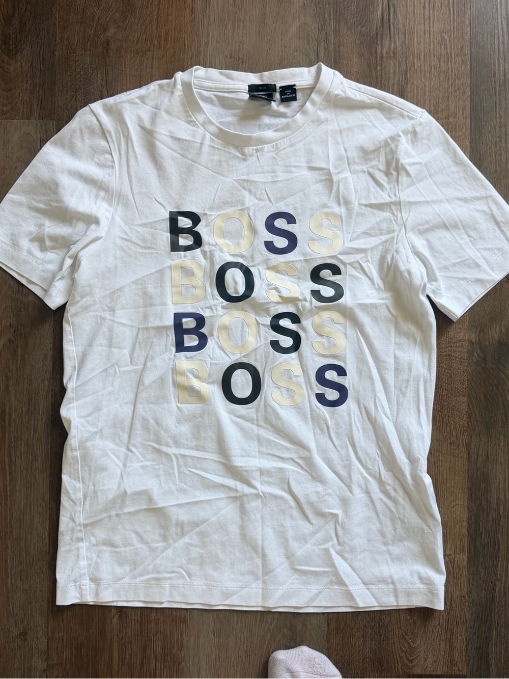 Hugo Boss White Short Sleeve Tee with Navy, Black and Cream Logo